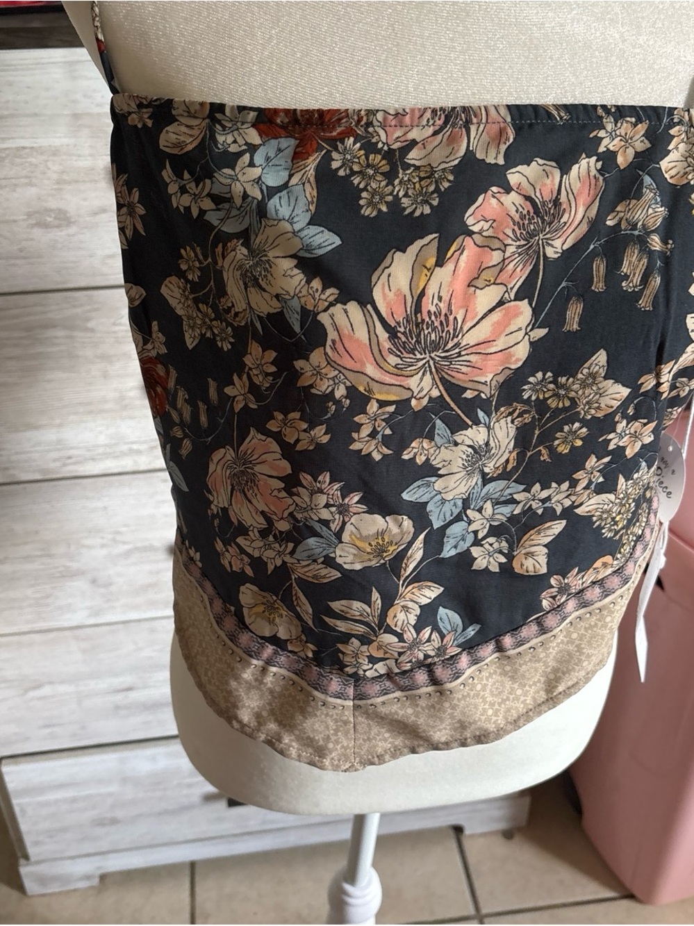 Sienna Sky Black Floral Strapless Tank with Peach, Cream & Light Blue Blooms